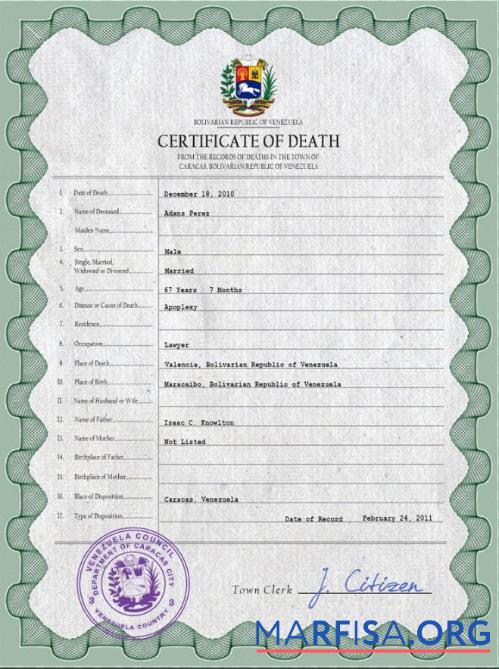 Downloadable Venezuela vital record death certificate PSD template